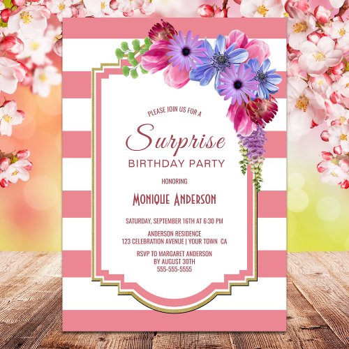 Pink Striped Floral Surprise Birthday Party Invitation