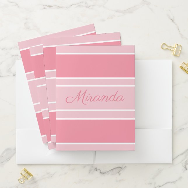 Pink Striped Floral Your Name Modern Pretty Pocket Folder (In Situ)