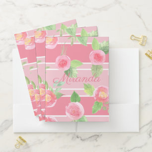Pink Striped Floral Your Name Modern Pretty Pocket Folder