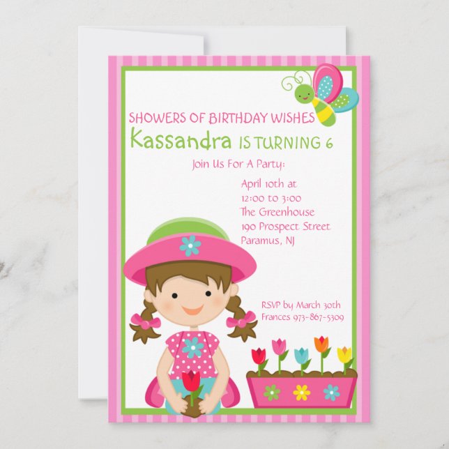 Pink Striped Gardening Girl Birthday Invitation (Front)