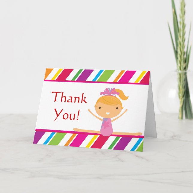 Pink Striped Girl Gymnast Birthday Party Thank You Card (Front)