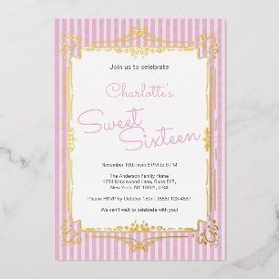 Pink Striped Glam Princess Sweet 16 Party Foil Invitation