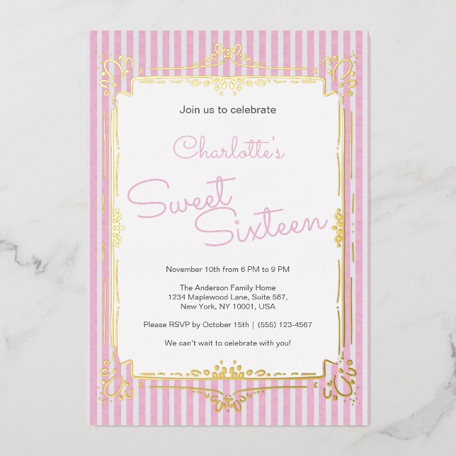 Pink Striped Glam Princess Sweet 16 Party  Foil Invitation (Front)