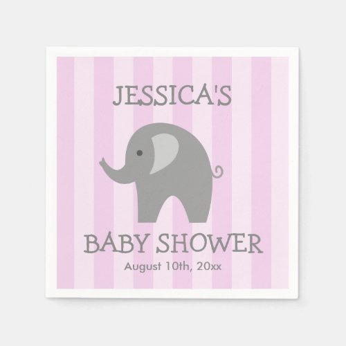 Pink striped grey elephant baby shower napkins