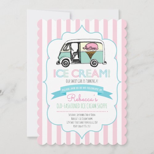 Pink Striped Ice Cream Truck Birthday Invitation