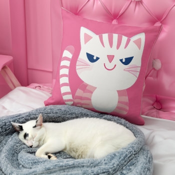 Pink Striped Kitty Cat  Throw Pillow by DoodleDeDoo at Zazzle