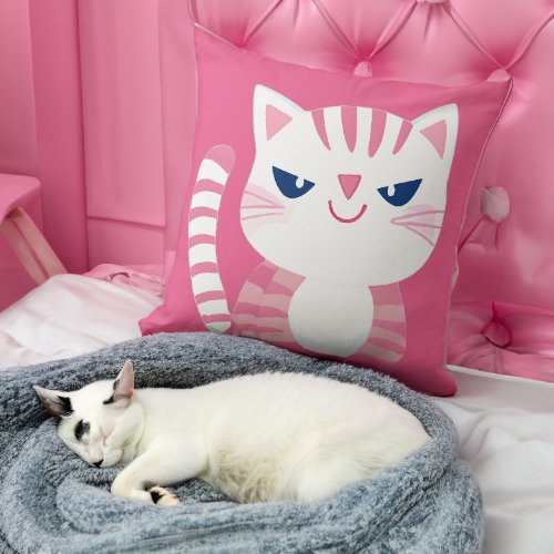 Pink Striped Kitty Cat  Throw Pillow
