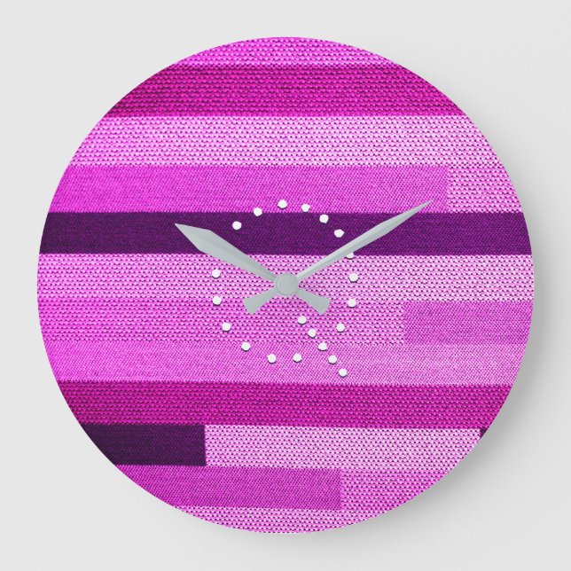 Pink Striped Knitted Fabric Monogram Customized Large Clock (Front)
