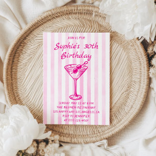 Pink Striped Martini 30th Birthday – Chic Adult  Invitation