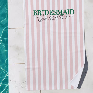 Pink Striped Modern Green Bridesmaid Name Beach Towel