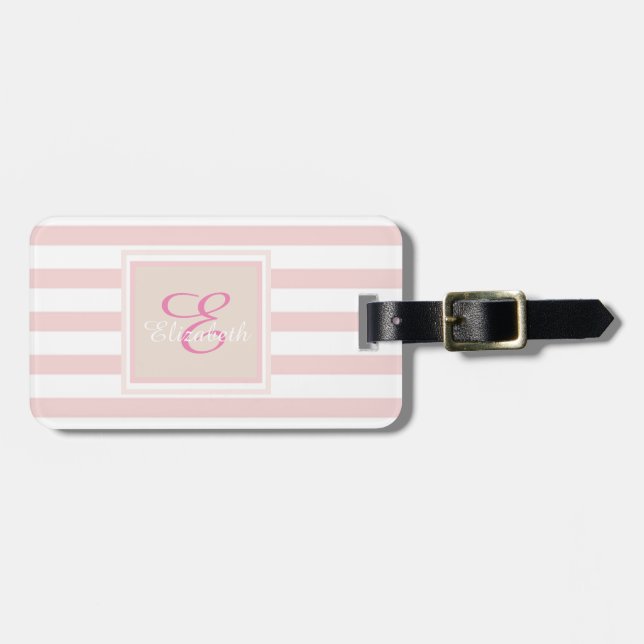 Pink Striped Monogram-Personalized Luggage Tag (Front Horizontal)