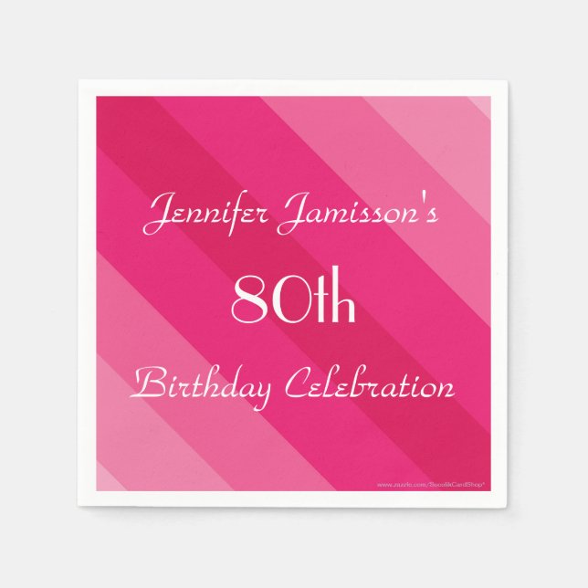 Pink Striped, Name, 80th Birthday Party Paper Paper Napkins (Front)