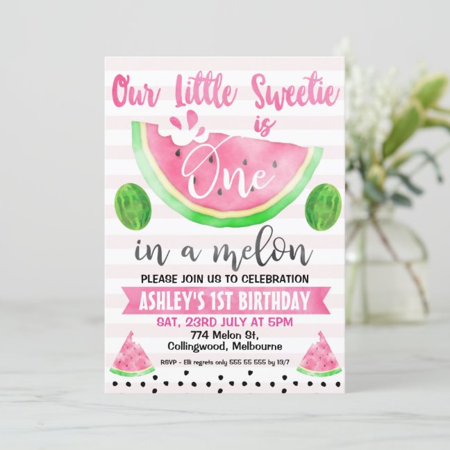 Pink Striped One In A Melon 1st Birthday Invitation
