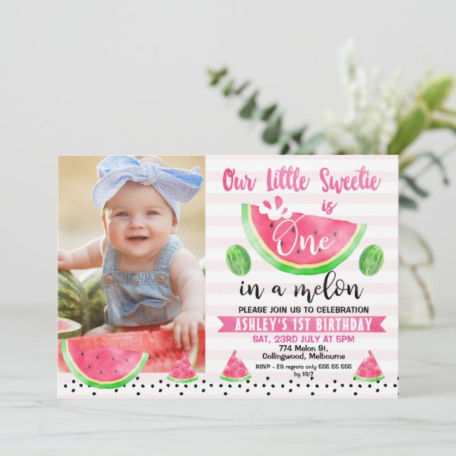 Pink Striped One In A Melon Photo 1st Birthday  Invitation (Standing Front)