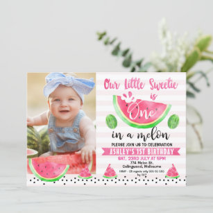 Pink Striped One In A Melon Photo 1st Birthday  Invitation