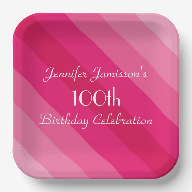 Pink Striped Paper Plates, 100th Birthday Party Paper Plates (Front)