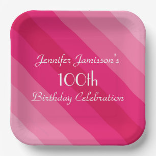 Pink Striped Paper Plates, 100th Birthday Party Plates