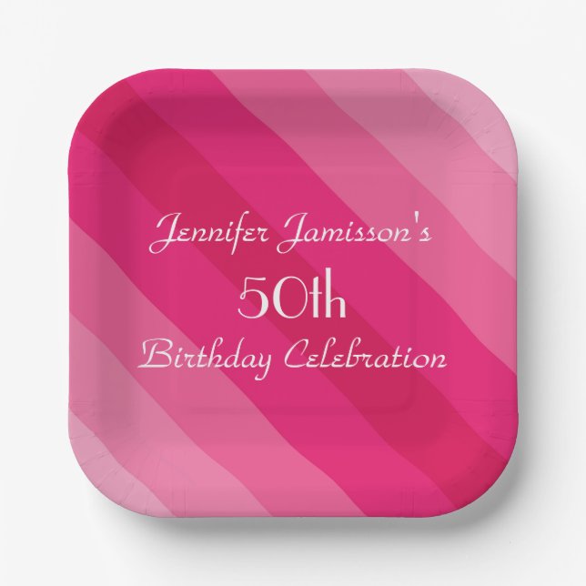 Pink Striped Paper Plates, 50th Birthday Party Plates (Front)