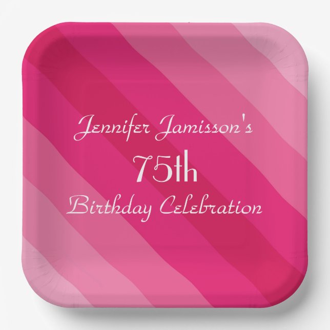 Pink Striped Paper Plates, 75th Birthday Party Plates (Front)