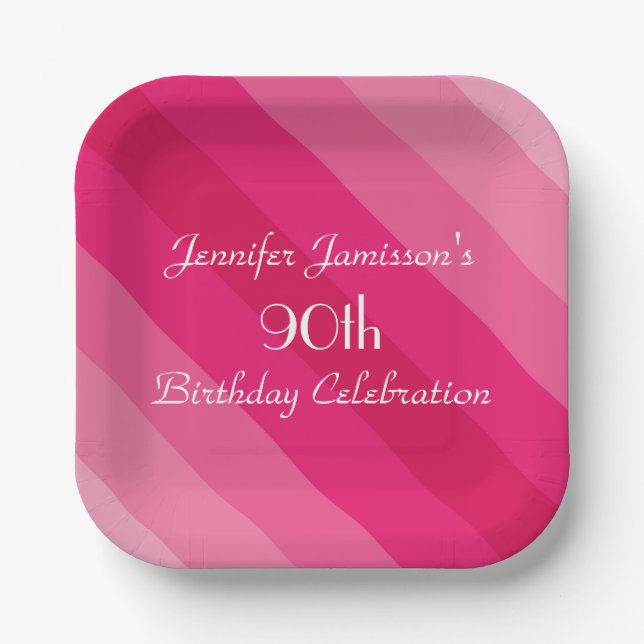 Pink Striped Paper Plates, 90th Birthday Party Paper Plates (Front)
