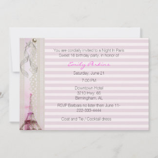 Pink Striped Paris Themed Sweet Sixteen Invitation
