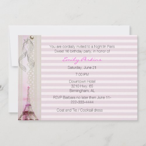 Pink Striped Paris Themed Sweet Sixteen Invitation