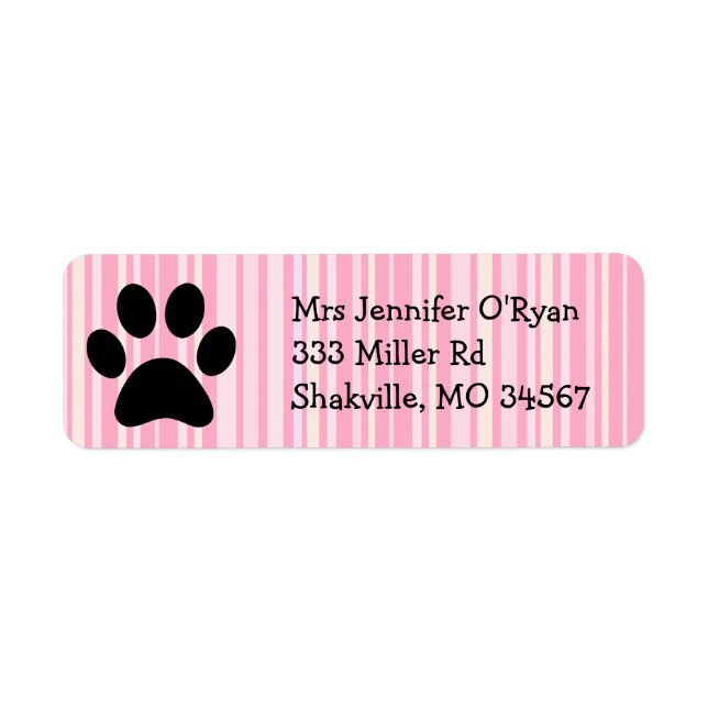 Pink Striped Paw Print Return Address Label (Front)