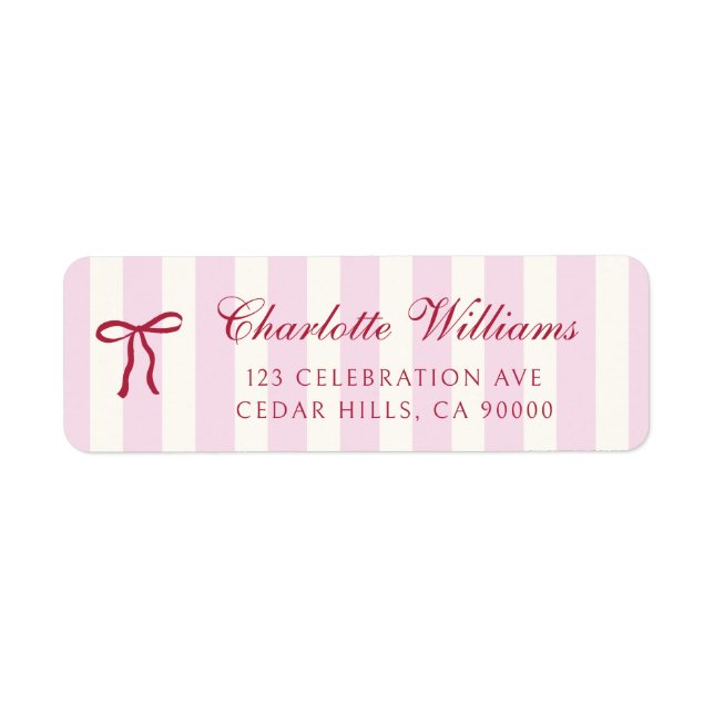 Pink Striped Preppy Bow Bridal Shower Label (Front)