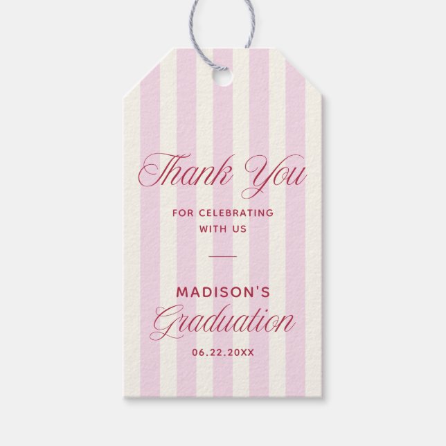 Pink Striped Preppy Graduation Gift Tags (Front)