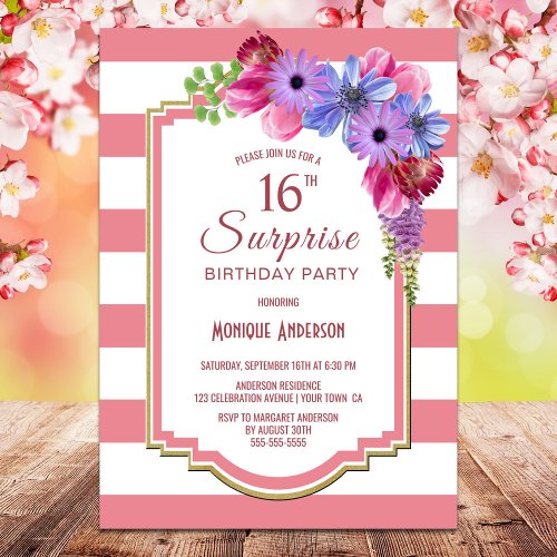 Pink Striped Purple Floral Surprise 16th Birthday Invitation