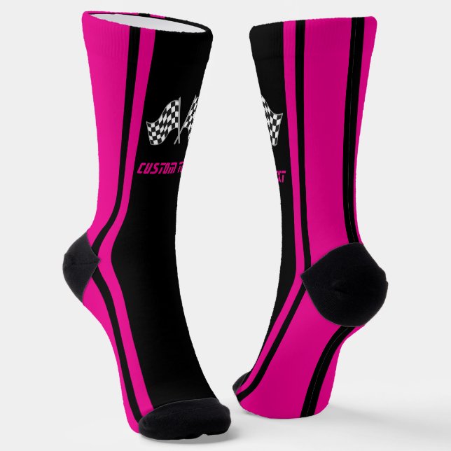 Pink Striped Racing Car Flags - Personalized Socks (Angled)