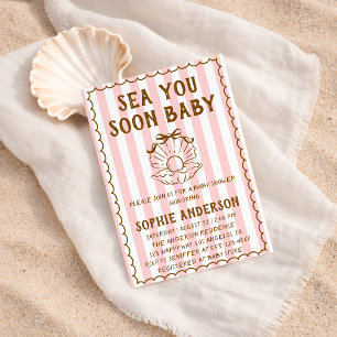 Pink Striped Sea You Soon Baby Baby Shower Invitation