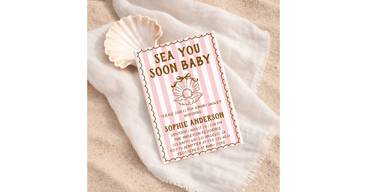 Pink Striped Sea You Soon Baby Baby Shower Invitation | Zazzle