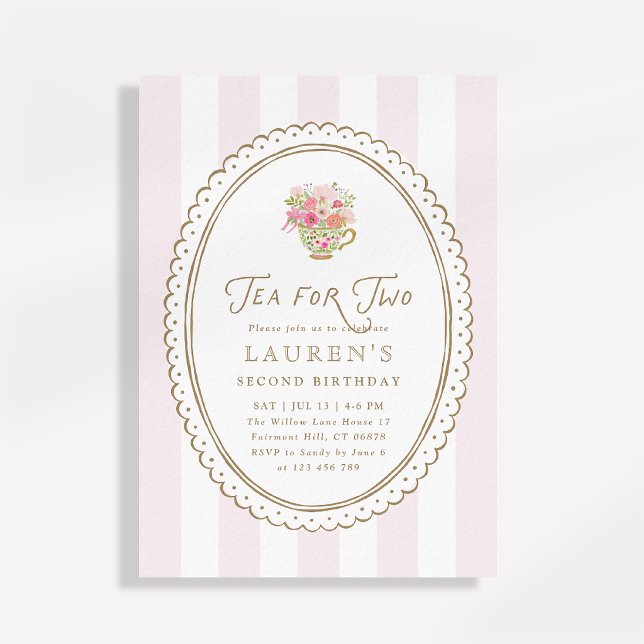 Pink Striped Tea for Two Second Birthday Invitatio Invitation (Creator Uploaded)