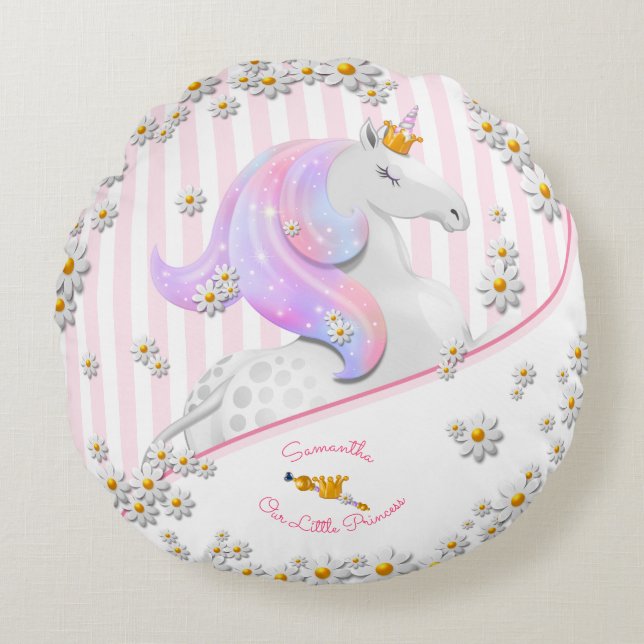 Pink Striped Unicorn Princess Nursery Round Pillow (Front)