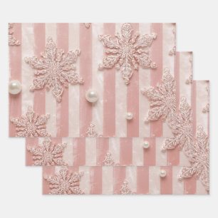 Pink Striped Velvet Snowflake  Wrapping Paper Sheets