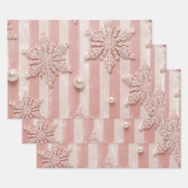 Pink Striped Velvet Snowflake  Wrapping Paper Sheets (Set)