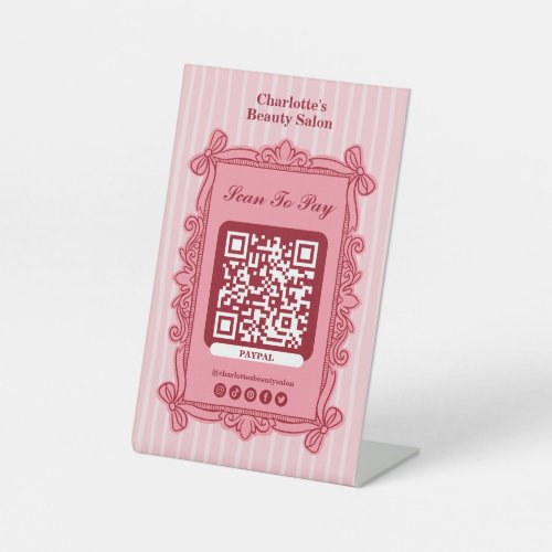 Pink Striped Vintage Frame Salon Scan to Pay Pedestal Sign