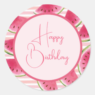 Pink Striped Watermelon Birthday Classic Round Sticker