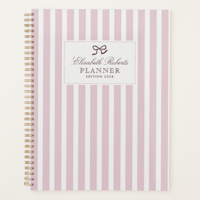 Pink Stripes and Bow, Elegant Daily Planner (Front)