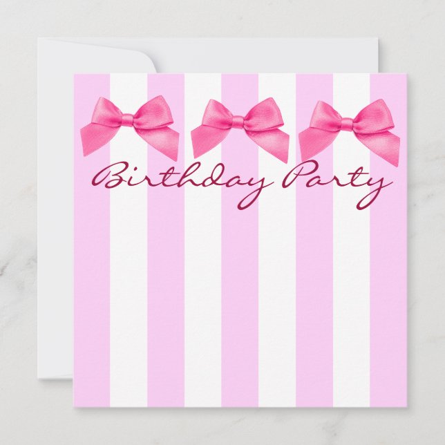 Pink Stripes and Bows Birthday Invitation (Front)