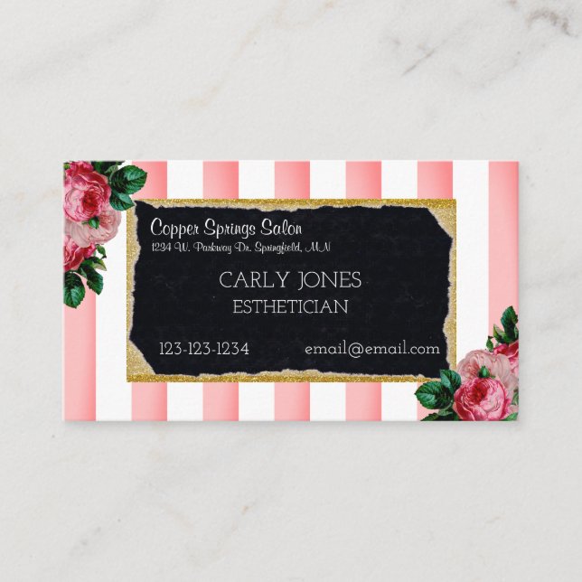 Pink Stripes and Floral Business Card (Front)