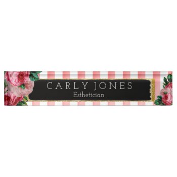 Pink Stripes And Floral Desk Nameplate by The_Happy_Nest at Zazzle