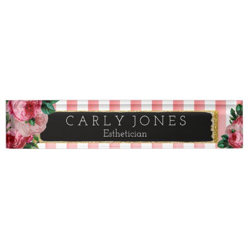 Pink Stripes and Floral Desk Nameplate
