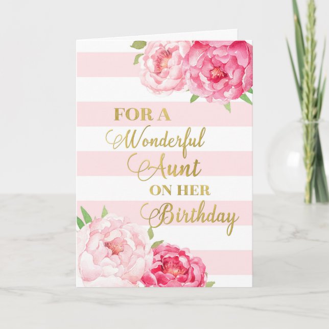 Pink Stripes and Flowers Aunt Birthday Card (Front)