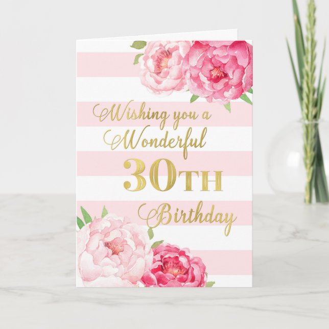 Pink Stripes and Flowers Happy 30th Birthday Card (Front)
