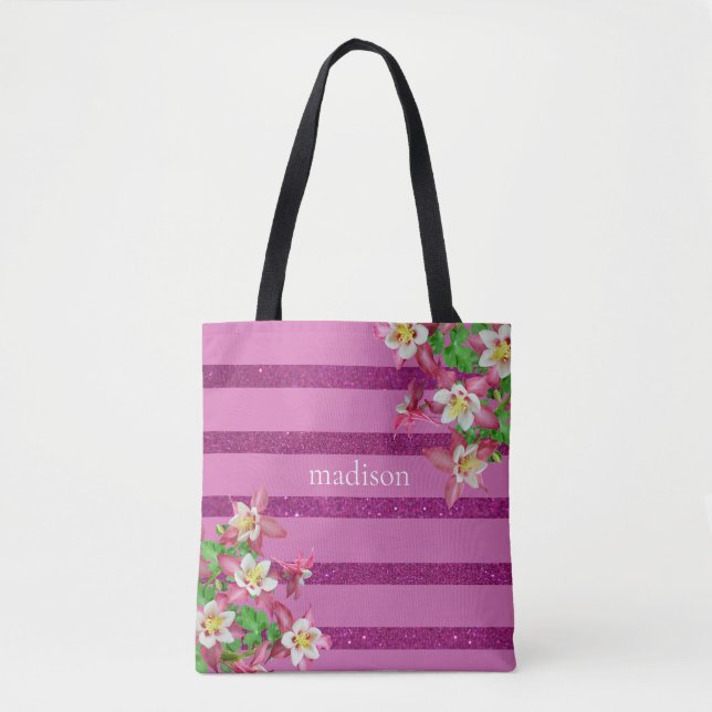 Pink Stripes and Flowers Personalized Tote Bag (Front)