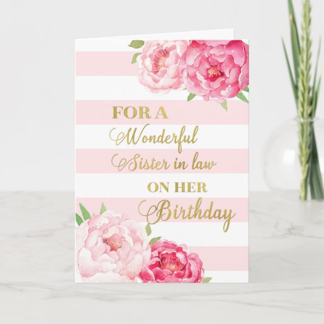Pink Stripes and Flowers Sister in law Birthday Card (Front)