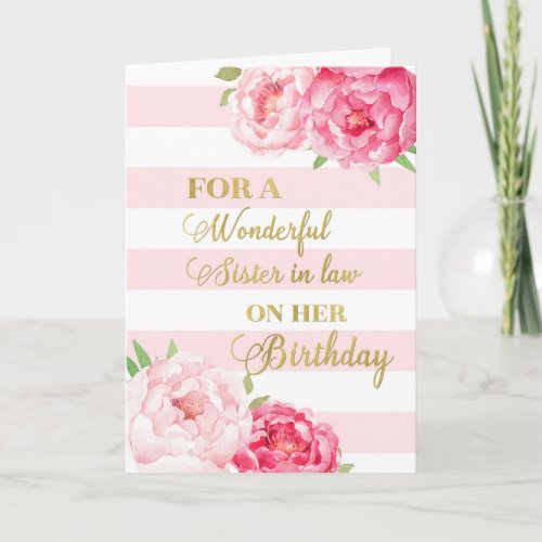 Pink Stripes and Flowers Sister in law Birthday Card