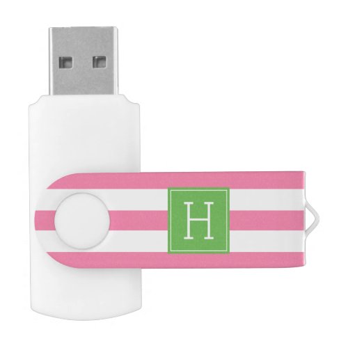 Pink Stripes and Green Monogram USB Flash Drive